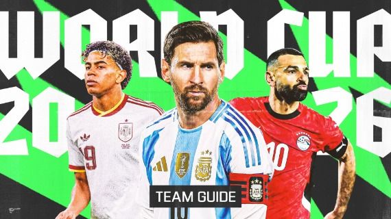 Illustration with the words 'World Cup 2026 team guide' on it, depicting Spain's Lamine Yamal, Argentina's Lionel Messi, and Egypt's Mo Salah